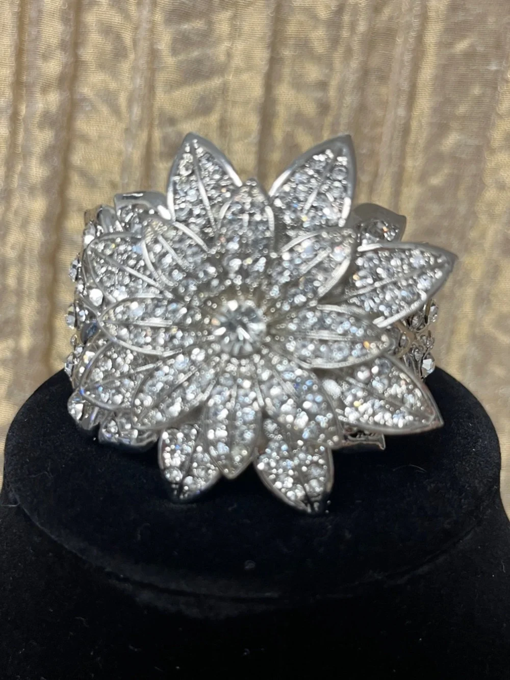 Silver Crystal Floral Statement Cuff Bracelet - Sparkling White